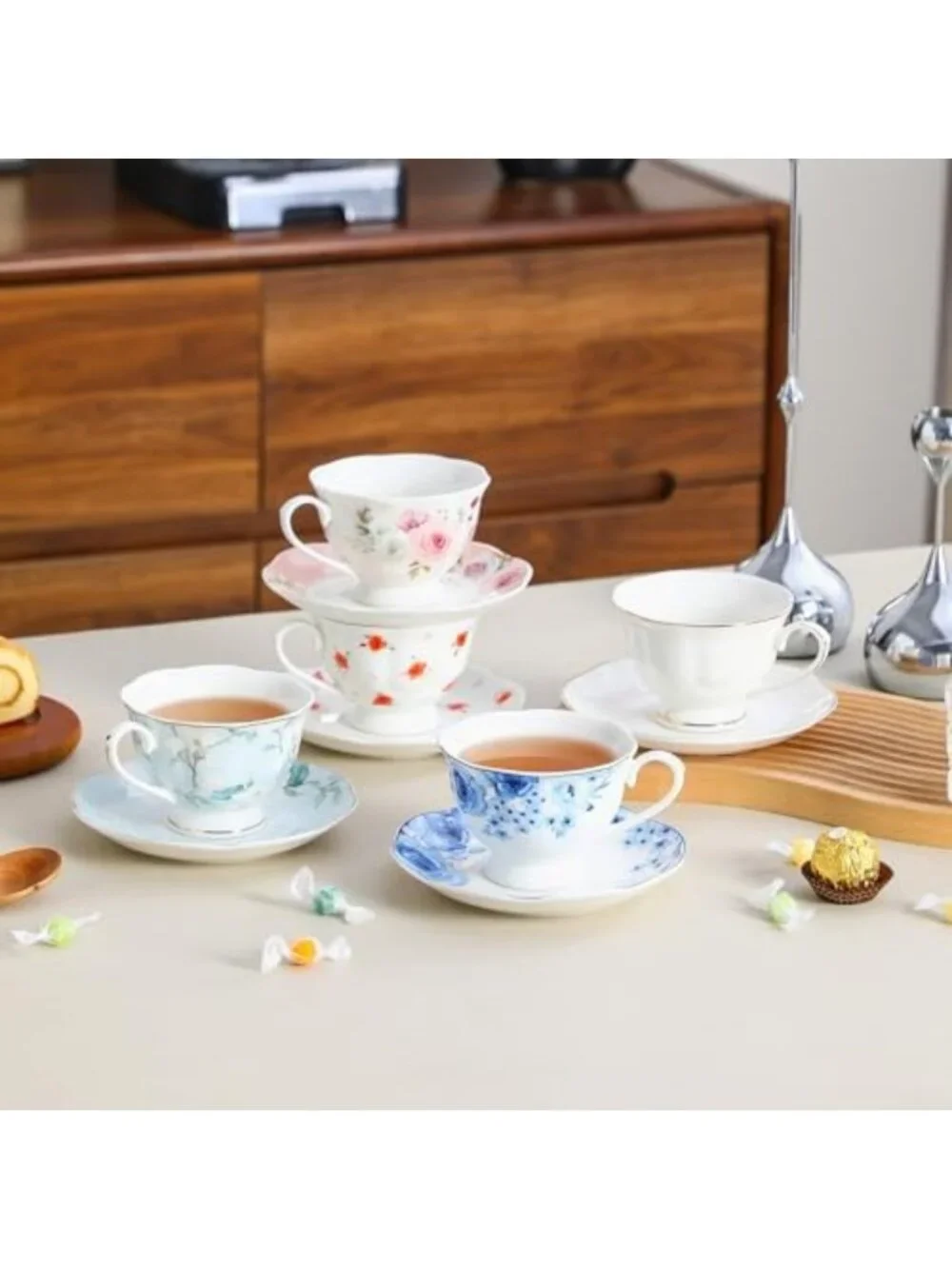Elegant Blue Floral Porcelain Tea Cup & Saucer Set of 6 - Perfect for Tea Lovers